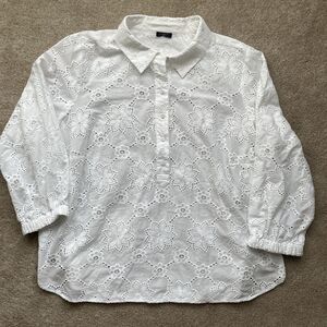 Talbots Plus Blouse Top 3X White Button Front Eyelet Cotton Boho Beach Sheer
